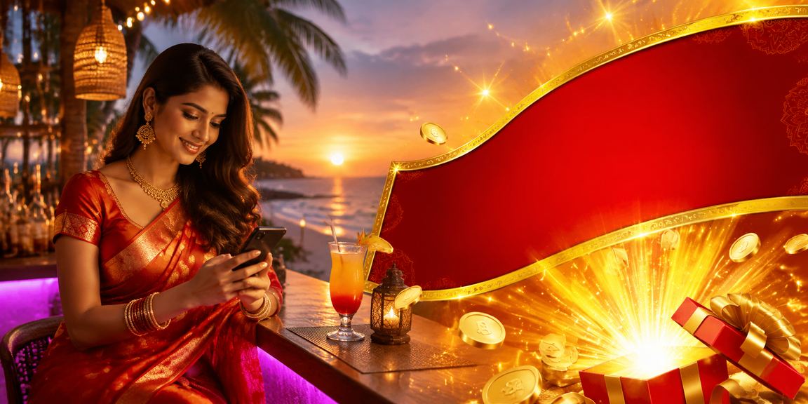 Scenic Goan beach with mobile casino user engaging betting